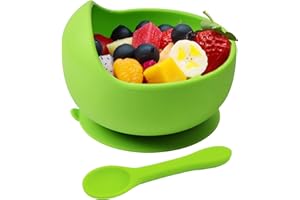 Hoseay Baby Feeding Bowls and Spoons,Silicone Toddler Weaning Set with Suction Bowl BPA Free Children Tableware Eating Bowl for Baby Boys Girls,Easy Clean Kids Meal Set Microwave Dishwasher Safe,Green