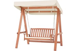 COSTWAY Outdoor 2-Seat Swing Chair Set, Wood Porch Swing Bench with Canopy, A Frame, Sturdy Metal Hanging Chains and Soft Seat Cushions, Swing Seat for Patio, Garden & Backyard