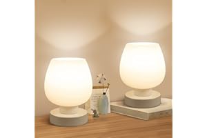 ONEWISH Ensemble de 2 Lampes de Chevet Tactiles - Petites Lampes Modernes pour Chambre à Coucher, Salon, Table de Nuit, Abat-Jour en Verre Opale, Ampoules LED Chaudes Incluses, 3 Niveaux de Luminosité, Blanc