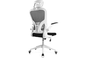 JAJALUYA Office Chair Mesh Computer Chair with Adjustable Headrest and Lumbar Support Desk Chair Ergonomic Office Chair with Flip-up Armrest for Home Office Study (White)
