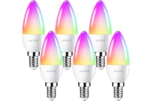 ANWIO Smart Bulb E14,Smart Candle Bulb,470Lm,E14 Alexa Smart Light Bulb,5W Replace 40 Watt Alexa Candle Light Bulb,Light Changing Bulbs,Google Assistant, Remote Control Bulbs (6 Pack)