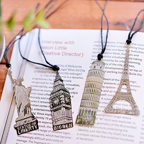 Aisi Vintage Retro kreative Metall 4 Stück Set Lesezeichen Bookmark Paris Eiffelturm, London, New York Pizza dünn Silber