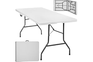 TecTake® Tavolo da Campeggio Pieghevole con Maniglia, Tavolo Salvaspazio, Tavolo da Giardino con Base in Acciaio, Tavolino Portatile, Resistente alle Intemperie, 183 x 76 x 74 cm - Bianco