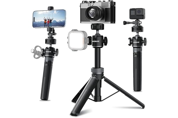 Mobilife Small Camera Tripod Multifunctional Vlog 2 in 1 Tripod Stand with Cold Shoe for Mirrorless/Action Camera Phone 360° Rotation Aluminum Extendable Stand for YouTube Live Stream Travel