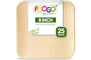 FOOGO Green 25 Platos Desechables de Hoja de Palma, 20 cm, Cuadrado Medianos, Biodegradables, Compostables, Como Platos de Madera, Bambú, Papel, para Comida Caliente, Bodas, Picnics, Fiestas