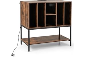 GIANTEX Soporte para Tocadiscos con 6 Compartimentos y Estante Abierto, Armario para Discos de Vinilo con Estación de Carga, 80 x 45 x 79,5 cm, Mueble de Almacenamiento para Salón, Dormitorio (Marrón)