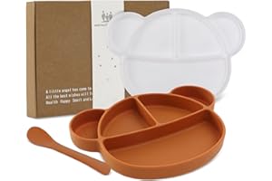 Miracle Baby Assiette Silicone Ventouse Antiderapante Couvercle Cuillère Set Fille Garçon Boîte Cadeau Sans BPA Lave-vaisselle (Caramel)