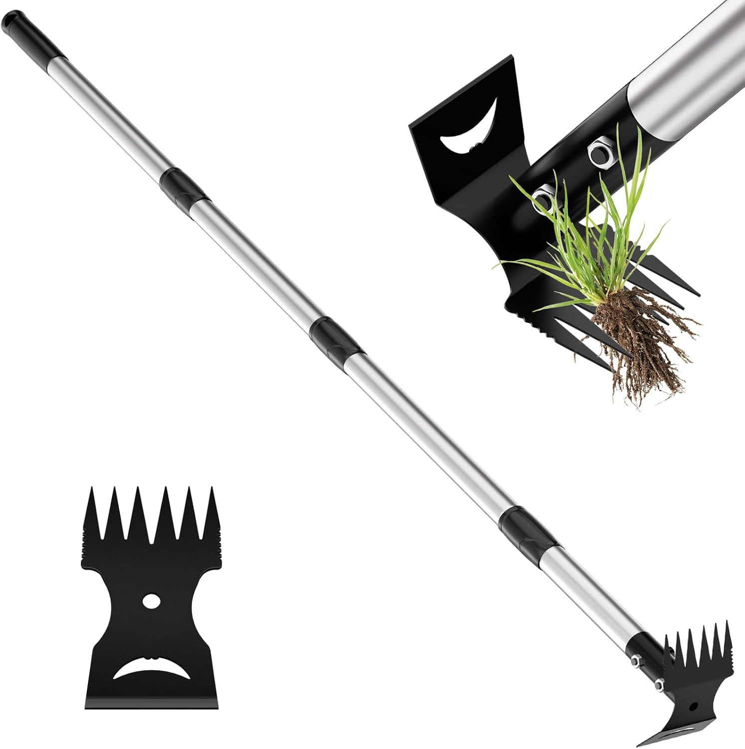 Weed Remover Tool 2-in-1 Weed Rake & Hoe Combo, Heavy Duty Manual Weed Puller with 40-148cm Adjustable Long Handle, Ergonomic Weeding Tools for Lawn, Yard, Patio, Garden