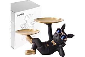 Statue de Bouledogue en résine Cool, 2 Plateaux de Stockage de Bonbons en métal, décoration de Table, Sculptures de Figurines de Bouledogue français pour la décoration intérieure