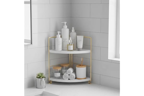 oddpod 2-Tier Corner Storage Rack Bathroom Countertop Organizer/Stackable Standing Makeup Storage Holder, Vanity Tray, Cosmetic & Spice Rack Shelf Cabinet for Kitchen and Bathroom (Gold)