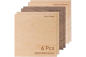 ROWOOD Fogli di compensato di betulla, tiglio e noce, 6 pezzi, 300 x 300 x 3 mm, materiali per incisione laser, pannelli per modellismo, fai da te, artigianato in legno