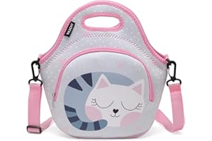 VASCHY Bolsa Almuerzo Infantil, Bolsa Térmica Porta Alimentos para Niñas Bolsa Comida de Neopreno Linda y Ligera Bolsa Merienda para Escuela Viaje Picnic con Correa para el Hombro, Gato