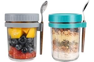 Hniuyun 2 Pack Overnight Oats Jars with Lids and Spoon, 10 oz Airtight Breakfast Jars with Measurement Marks, Mason Jars with Lid for Salads Cereal Milk Porridge Fruit (Gray + Green)