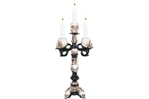 QLFJ-FURDEC Portacandele Nero, Candelabro Ornamento Teschio con 3 Braccia, Gotico Halloween Teschio Statua di Resina, Spaventoso Tealight Scheletri Porta Candele per la Decorazione Della Casa, Soggiorno