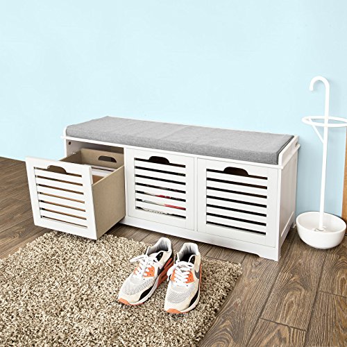 SoBuy® moderne Schuhtruhe,Sitzkommode mit 3 Körben,Sitzbank, Schuhschrank mit Sitzkissen,Spieltruhe, FSR23-W - 3
