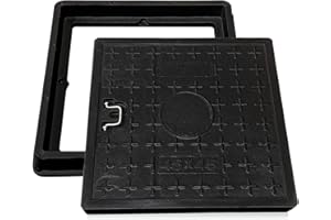 NATOTELA Manhole Cover and Frame Fiberglass-450x450mm Square Septic Tank Lid Access Inspection Cover Non-slip Solid Reinforced Steel Embedded Sewer Cover with Handle for Patios Basement Lawn Black