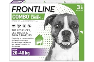 FRONTLINE Combo Chien - Anti Puces, Anti-Tiques - Protège L'Habitat, Élimine Puces Pendant 8 Semaines-Tiques Pendant 4 Semaines - Pour Chien 20 à 40 kg - Fabriqué en France -3 Pipettes Spot-On