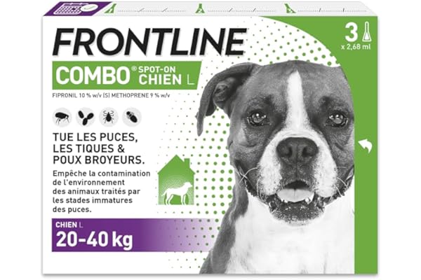 FRONTLINE Combo Chien - Anti Puces, Tiques, Poux broyeurs - Protège L'Habitat* - Élimine Puces Pendant 8 Semaines/Tiques Pendant 4 Semaines - Pour Chien 20 à 40 kg - 3 Pipettes Spot-On