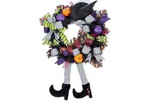 FGHB Coronas de Halloween para Puerta Delantera, Corona de Brujas de 24 Pulgadas con Sombrero Brujas piernas Calabaza, para Puerta, Porche, Ventana, decoración de Halloween Interior y Exterior