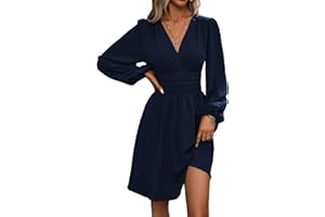 LIAMERHE Damen Elegant Kleid Langarm/Kurze Ärmel V-Ausschnitt Casual Kleider A-Linie Blumenmuster Minikleid Freizeitkleider Sommer Herbst Winter Laternenärmeln Kleid