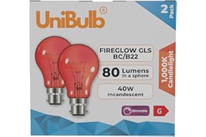 Unibulb Fireglow Red Light Bulbs, 40W, GLS BC B22 Bayonet, 1000K Candlelight, Dimmable, Pack of 2