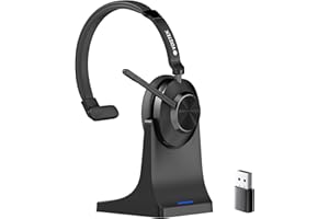 Voistek Bluetooth Headset with Microphone with Dock, 45+ Hours Battery, Single Ear Wireless Headset for Work, PC, Laptop, USB-C & USB Dongle, Compatible with Windows, Mac, Android, iOS
