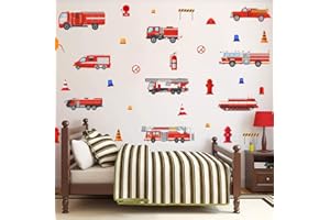 KAIRNE Lot de 32 stickers muraux pour chambre d'enfant garçon - Transports - Voitures de pompiers - Cartoon - Décoration murale pour chambre de bébé, chambre à coucher, salle de jeux