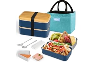 HOLIPOT Bento Box Lunch Box 2 strati con 2 contenitori in PP e acciaio inossidabile ecologico con forchetta e cucchiaio separatore per bambini e adulti, senza BPA