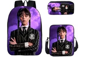 HAOYUNLAI Mercredi Sac à Dos, 3 pièces Trousse Cartable Mercredi Addams Sac à Dos avec Sac à Lunch et Trousse à Crayons, Mercredi Addams Sac À Dos D'école pour Adolescents Filles (Style 1, 16 Pouces)