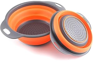 BILIEASY Lot de 2 passoires de cuisine pliables et non toxiques, faciles à nettoyer, 2 tailles avec Orange