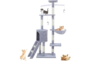 QUILEYUN Cat Tree, 143cm Cat Scratch Posts Multi-Level Stable Cat Climbing Tower Cat Activity Trees with Ladder, Indoor Pet Activity Furniture Play House for Kitty Kitten