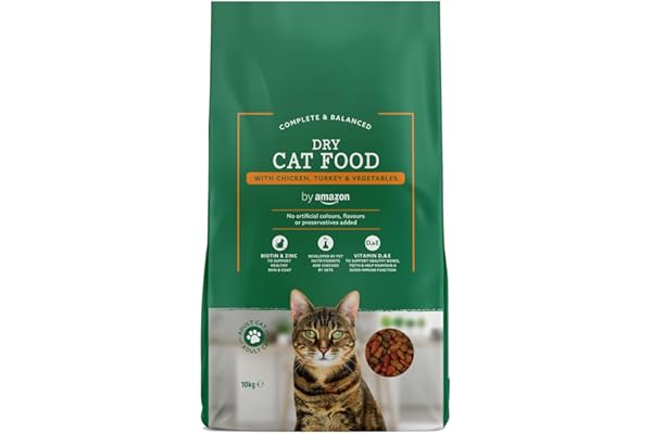 by Amazon - Alimento seco completo para gatos adultos con pollo, pavo y verduras, 10 kg (Paquete de 1)