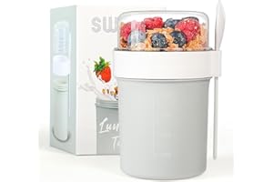 SWKIEN Müslibecher to Go, Joghurtbecher to Go, Müsli to Go Becher (560ML+220ML), Joghurt to Go Becher mit löffel, Müslibox to Go, Porridge Becher to Go, Auslaufsicherer Müsli Cup Becher Lunchpot (Hellgrau)