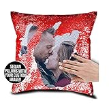 ASD Jewerly Coussin avec Photo Personnalisé Taie d'oreiller d'oreiller Satin Deux Couleurs Paillettes Réversible Sequin Lit de Couverture Housse de Coussin Cadeau de Noël 40x40cm