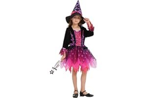 Joellfuner Costume Strega Bambina, Vestito da Strega Ragazza con Cappello, Travestimento Strega Bambini Halloween Carnevale, Viola Tutù Vestito Strega Cosplay per Festa Halloween Carnevale