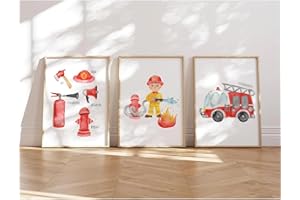 MeinBaby123® Images pour chambre d'enfant - Lot de 3 posters DIN A4 - Motif camion de pompier - Décoration pour chambre d'enfant garçon - Décoration de chambre de bébé - Poster mural de qualité