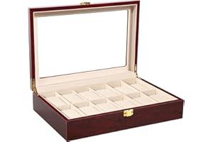 Uten Uhrenbox mit 12 Fächern, Uhrenkasten aus Massivholz, mit Glasdeckel, Uhrenkoffer mit herausnehmbaren Uhrenkissen