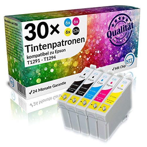 N.T.T.® 30 Stück XL Tintenpatronen für Epson Stylus (12x T1291 , 6x T1292 , 6x T1293 , 6x T1294) mit Chip;