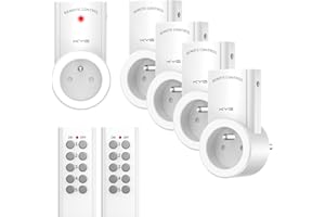 KYG Lot de 5 Prise Télécommandée Programmable, KYG Prise Domotique Sans Fil, Fonction All ON All OFF, Deux Télécommandes et Quatre Piles Incluses