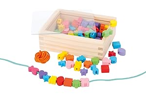 small foot Perles à enfiler créatif en bois certifié 100% FSC®, couleurs & formes rubans inclus, à partir de 3 ans