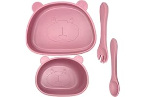 LAM-LORD Suction Baby Plate and Bowl Set with Fork Spoon, Silicone Baby Suction Plates Feeding Weaning Plates for Toddler Kids Self Feeding, BPA Free Dishwasher and Microwave Safe(Dark Pink)
