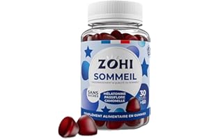 Complément Alimentaire Sommeil -Gummies Sommeil favorisant l'Endormissement et la Qualité du Sommeil- Mélatonine- 60 gommes de fruits goût Fraise Sans Sucres- Vegan- ZOHI- Fabriqué en France