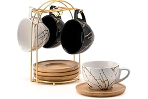 Home Decor Ceramiczne kubki do cappuccino, zestaw 4 sztuk, 220 ml, możliwość układania w stos, z metalowym stojakiem, dla miłośników kawy, cappuccino, latte, Americano i herbaty, kolor czarno-białe