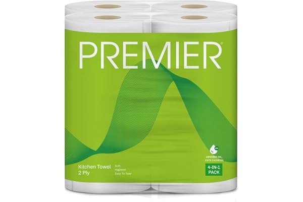 Premier Strong & Hygienic Kitchen Towel Rolls, (4 rolls) 2-Ply, Super Absorbent Tissue Paper Towels for Everyday Cleaning, Kitchen Wipes, Pack of 4 Rolls, Multipurpose Wipes for Home Office