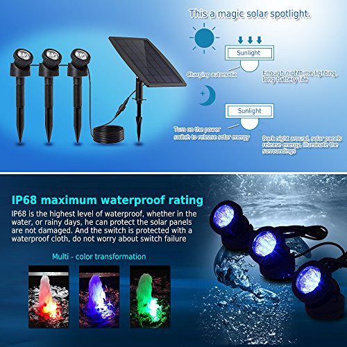Keynice Solar LED Spot Leuchten mit Dämmerungssensor 3 GRB Spots nach IP68 wasserfest, Solarpanel versorgt und mit automatischer Schaltung für die Dekoration im Garten und andere Anwendungen - 9