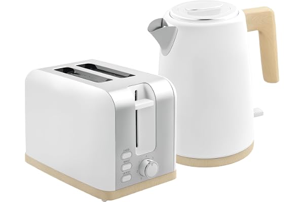 HOMCOM Ensemble bouilloire et grille-pain 2200W, bouilloire 1,7 L acier inoxydable chauffage rapide et grille-pain 2 tranches, 7 niveaux de brunissage, protection contre l'ébullition à sec, blanc