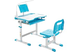 LIFEZEAL Escritorio Infantil Regulable, Juego de Mesa y Silla elevable para niños, pupitres Juvenil con luz de Lectura y Estante de lecturar, Set de Escritorio estudiantil para Aula, Escuela (Azul)
