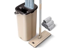 ‎MASTHOME Masthome Wischmopp Set mit Eimer,Mikrofaser Bodenwischer Set mit 6 Waschbaren Pads,Einstellbar Edelstahlgriff,2 in 1 Wischer Set mit Auswringfunktion für Hartholz Fliesen Laminat,Braun