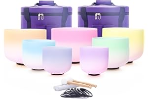 Hye-eun Juego de cuencos tibetanos de cristal, 7 unidades, 432 Hz, con arco iris, dos colores, caja de transporte y baquetas de piel de oveja para yoga, meditación y trabajo energético