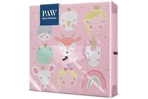 ‎PAW DECOR COLLECTION PAW - Servietten 3-lagig (33 x 33 cm) I 20 Stück I Perfekt für Kindergeburtstage, Partys, Kommunion und Feiern I Papierservietten Bunt mit Party Motiv I Tiere, Prinzessin, Rosa - Magical Friends